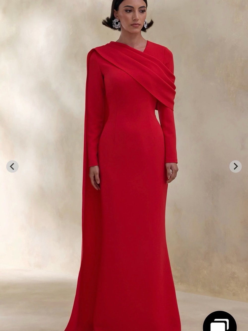 Red Draped Long-Sleeve Evening Gown